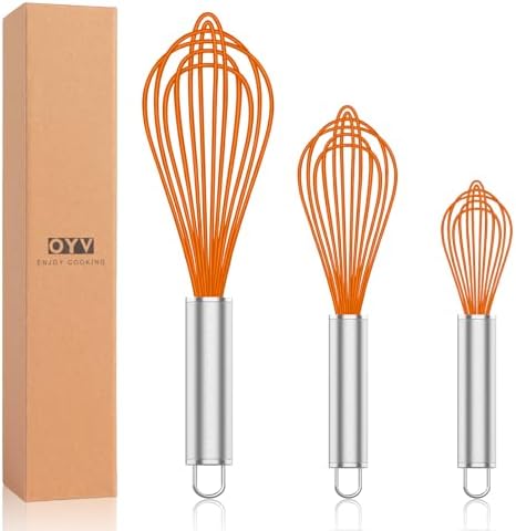 OYV Orange Silicone Whisk Set of 3, 8/10/12 Inch, Non-Scratch