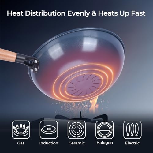 Non-Stick Wok with Steamer Basket,12 Inches Stir Fry Pans with Lid, Flat Bottom Pan Multifunctional Cookware Chinese Woks for Induction, Gas, Halogen(Blue)