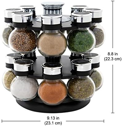 Kamenstein 16 Jar Ellington Revolving Countertop Spice Rack with Lift & Pour Caps and Spices Included, FREE Spice Refills for 5 Years: Black and Chrome