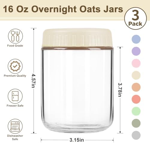 Overnight Oats Containers with Lids, 16oz Wide Mouth Mason Jars with Lids, 3 Pack Glass Jars with Airtight lid for Chia Pudding Yogurt Salad, Meal Prer Oatmeal Jars, Yellow