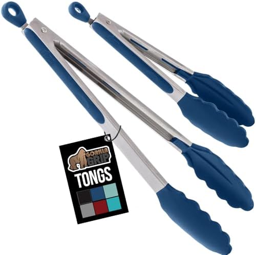 GORILLA GRIP Stainless Steel Kitchen Tongs for Cooking, 2 PK, Blue