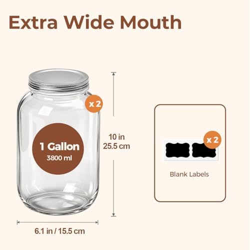 ComSaf 128 oz Wide Mouth Mason Jars 2 Pack, 1 Gallon Glass Jars with Lids