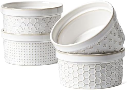 LE TAUCI Ramekins 12 oz, Ramiken for Creme Brulee, Souffle, Dipping Sauce, Ceramic Embossment Housewaming Present -4.8 inch, Set of 4, Arctic White