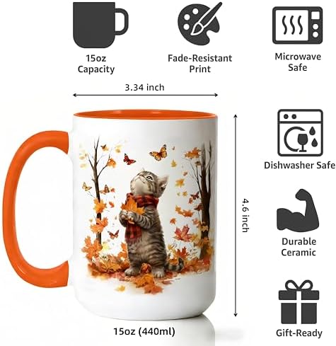 Cat Mug for Cat Lovers, Cute Kitten Fall Coffee Mugs, White, 15oz