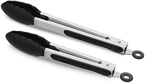 2 Pack Silicone Kitchen Tongs, 9 & 12 Inch, Stainless Steel, Black
