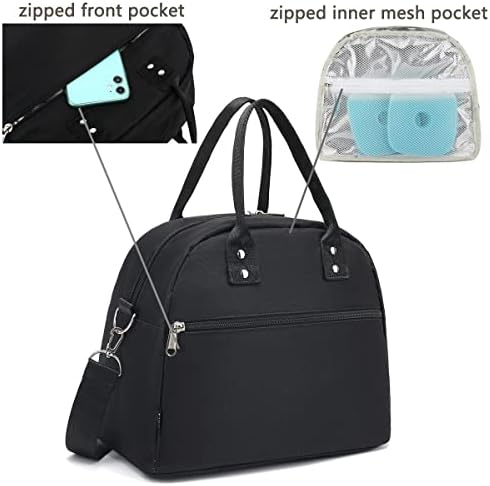 FlowFly Insulated Lunch Bag With Shoulder Strap for Women, Men, and Kids, Large and Reusable, Handle, Freezable Work and School Travel Tote and Meal Prep Organizer (Black)