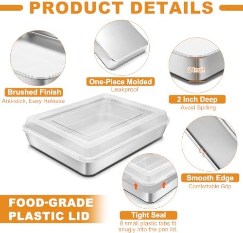 Stainless Steel Baking Pan with Lid, 12⅓ x 9¾ x 2 Inch Deep Rectangle Cake Pans with Cover for Cakes, Brownies, Cookies, Deep Side & Heavy Duty,Dishwasher & Fridge & Oven Safe(2 Pans + 2 Lids)