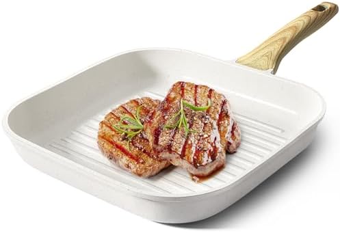 GiPP Nonstick Grill Pan for Stove Tops - 11 Inch Square Grilling Pan for Indoor Cooking & Outdoor Grilling, Non Stick Granite Grill Skillet Steak Pan, PFOA Free, White