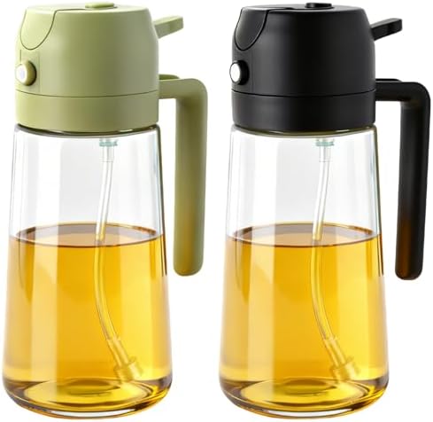 2Pcs Glass Oil Sprayer for Cooking 16oz/470ml, Kitchen Gadget for Air Fryer, Salad, BBQ, Frying（White） (Black+Green)
