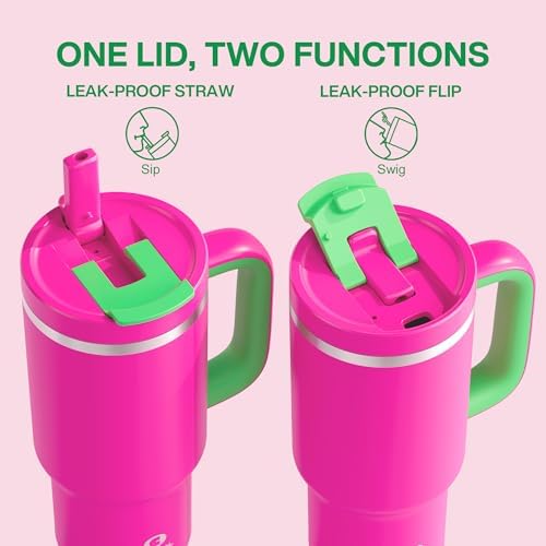 ENCOOL 32 oz Tumbler with Handle and Straw: Stainless Steel Insulated Tumbler Keeps Cold for 24 Hours, Leakproof Travel Cup Fits in Cup Holder and BPA-Free,Knockout Pink