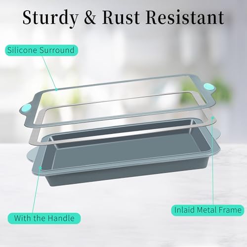 To encounter Silicone Baking Pans Set, 4 Pieces Nonstick Bakeware Set with Baking Pans, Baking Sheets, Cookie Sheets, Cake Pan with Grips and Metal Reinforced Frame More Strength, Light Grey