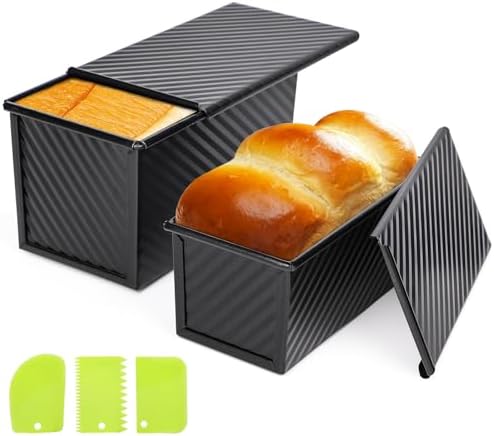 Beasea Pullman Loaf Pan with Lid, 2 Pack Non-Stick Bread Loaf Pans 1 lb & 0.5 lb Carbon Steel Bread Toast Box with Dough Scraper for Homemade Bread Toast Oven Baking - Black