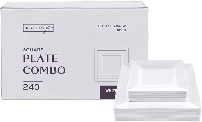 SETUP [Case of 240 Combo White Square Plates, Disposable Plastic Plates - Premium Heavy-Duty 120 Disposable 9.5" Dinner Party Plates and 120 Disposable 6.5" Salad Plates