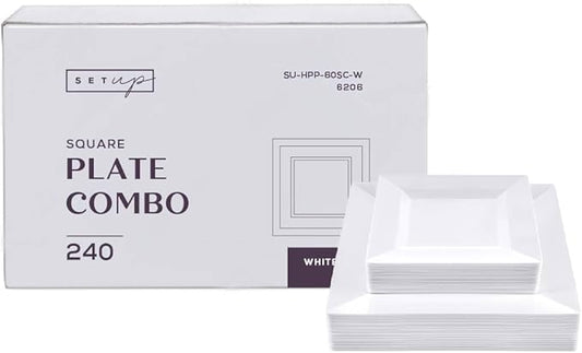 SETUP [Case of 240 Combo White Square Plates, Disposable Plastic Plates - Premium Heavy-Duty 120 Disposable 9.5" Dinner Party Plates and 120 Disposable 6.5" Salad Plates