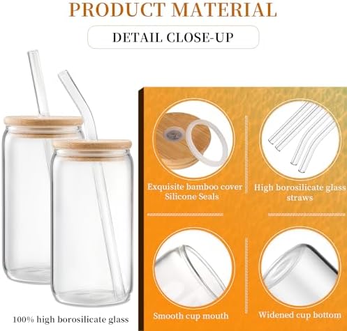 16 oz Glass Cups with Lids and Straws,Reusable Iced Coffee Cups Glass 4 Pcs
