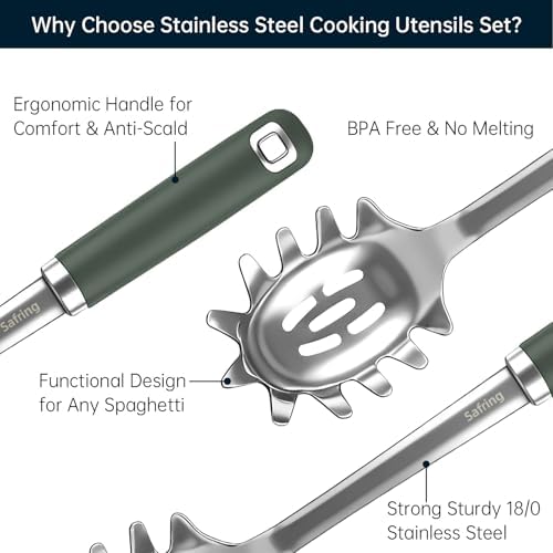 Safring Stainless Steel Soup Ladle and Spaghetti Spoon Set, Heat Resistant Rubber Handle, Dishwasher Safe, Kitchen Utensils for Cooking, Stirring, Serving Pasta, Soup & Sauce (Hunter Green)