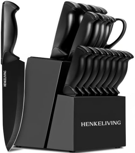 19-Piece Black Kitchen Knife Block Set with Built-in Sharpener