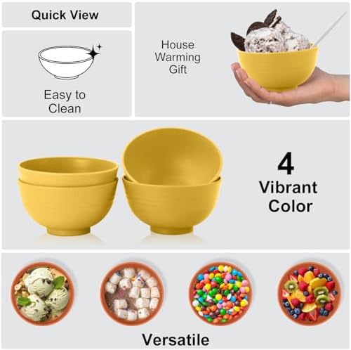 Wrova wheat straw icecream bowls 10oz set of 8 - Unbreakable Dessert Bowls Freezer Safe - Small Bowls for Yogurt,Snack and Fruits. Yellow