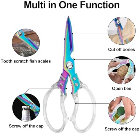 CGBE Kitchen Scissors, Multi-Purpose Kitchen Shears, Heavy Duty Food Scissors for Chicken, Poultry, Fish, Meat & Herbs with Non-Slip Grips (Transparent Colorful)