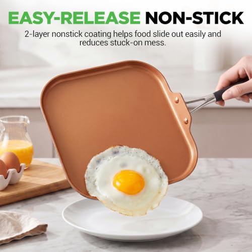 NutriChef Copper Pan Non-Stick Coating Inside, Hard-Anodized Look Heat Resistant Lacquer Outside, Silicone Handle NCSQPA, 1 Griddle
