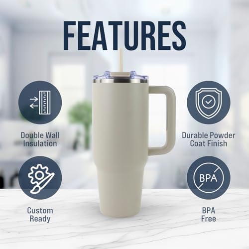 Hogg Big Swig 40oz Tumbler with Handle and Straw - Beige, 40 oz Tumbler, Insulated Cup with Handle, 40oz Water Bottle with Straw, Thermal Cups, Leak Proof Lid, Travel Mugs, Stainless Steel