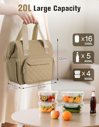 ISEYOU Large Lunch Bag for Men & Women, 20L Insulated Cooler Bag with Wide Opening, Leak-Proof & Multi-Pocket Leather Lunch Box, Adjustable Strap Lunch Tote Bags for Work, Office, Picnic and Camping