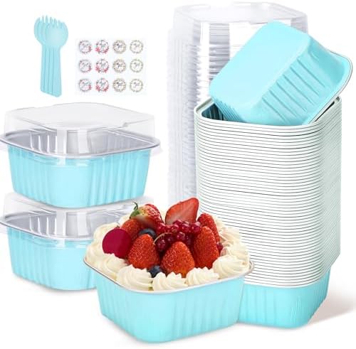 60Pack 5oz Blue Mini Cake Pans with Lids and Spoons Baking Cups Aluminum Foil Pans Tins, Individual Dessert Cups Containers for Sales,Party,Picnics