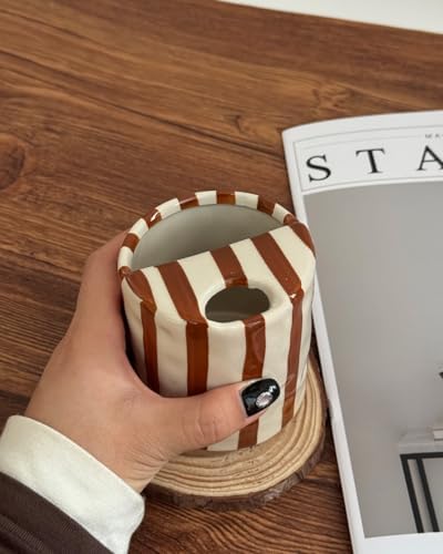 Coffee Mug Espresso Cup 10oz Ceramic Coffee Mugs Porcelain Coffee Cup Hand-Painted Striped Art Multiple Use for Kitchen, Dining-Brown