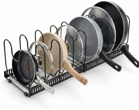 Expandable Pots and Pans Organizer for Cabinet – Heavy Duty Carbon Steel Pot & Pan Rack with 10 Adjustable Dividers, Wave Slot Cookware Holder for Pans, Lids, Bakeware, Countertop or Under Sink, Black