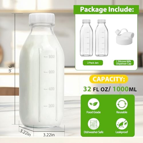 CUCUMI 2 Pack 32 Oz Glass Milk Bottle with Reusable Lid