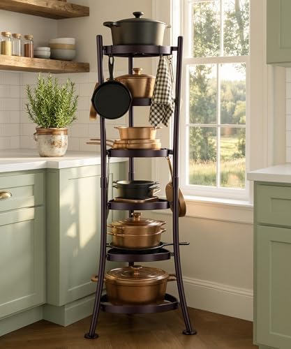 KES Oiled Bronze Freestanding Pot Rack, 6-Tier Cookware Stand, 6 Hooks