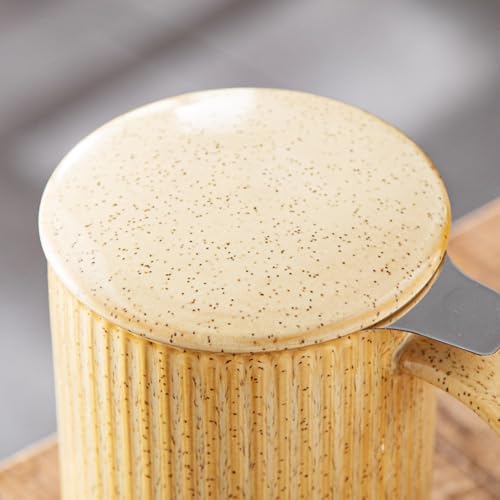 Yundu 15.5oz/470ml Flambe Cream Ceramics Teacups with Infuser and Lid, Loose Leaf Tea Cup