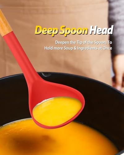 BUNDLEPRO Silicone Soup Ladle and Pasta Spoon Set with Wooden Handle