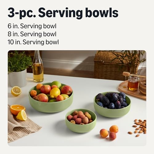 Amazon Basics Ceramic Serving Bowls Set Of 3, Glazed Stoneware (6", 8" & 10"), Nestable Space-Saving, Stain-Resistant, Microwave & Dishwasher-Safe, Olive