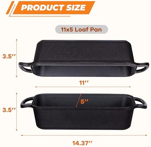 GRMImosa Cast Iron Loaf Pan 11x5 Inch with Lid, 5.8 Qt Bread Pan, Black