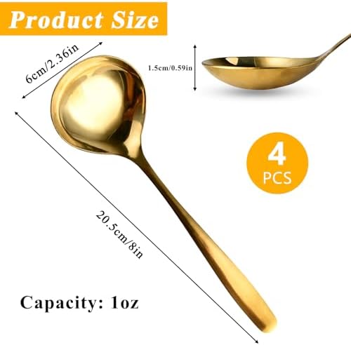 4 Piece 1 oz Gold Small Ladle, 8 Inch 304 Stainless Steel Soup Ladle for Serving, Gravy Spoon for Sauces, Dishwasher Safe