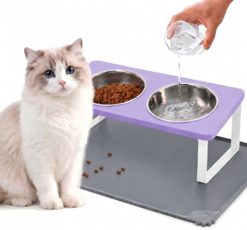 Summark Upgraded Elevated Cat Bowls with Food Mat,15°Tilted Stand Anti Vomiting Raised Cat Dishes for Food and Water,2 Stainless Steel Bowls for Cats and Puppy（Lavender）