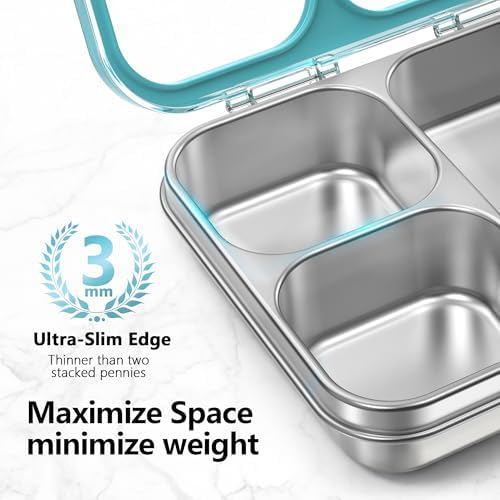 HOMEKOL Stainless Steel Bento Lunch Box 3-Compartment, 4.2Cups, Blue