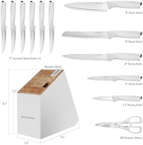 White Knife Set, 13 Pieces Knife Block Set with Built-in Sharpener