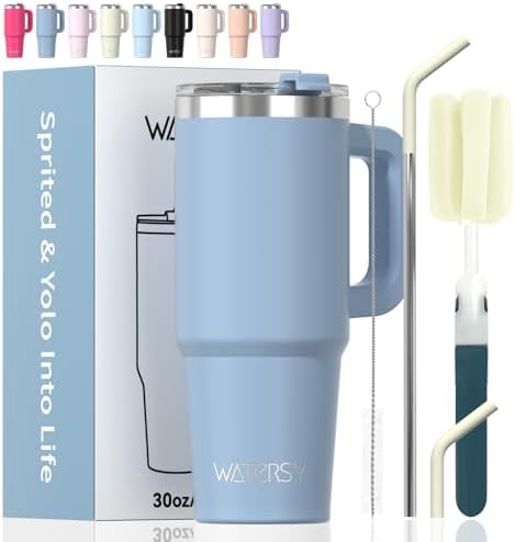 30 oz Tumbler with Handle,Tumbler with Lid and Straw,Double Wall Insulated Cup Stainless Steel Travel Mug(Cold for 34 Hours),Water Bottle for Iced Tea,Coffee,Cold Beverages(Smog Blue)