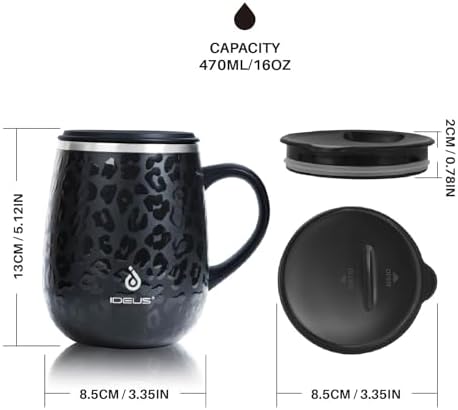 Ideus 16 oz Insulated Coffee Mug with Lid and Handle (Leopard Black)
