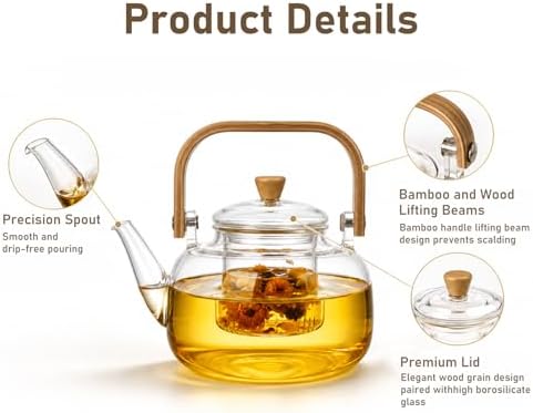 1000ml (33.8oz) Borosilicate Glass Teapot with Wooden Handle, Stovetop Safe Clear Tea Kettle with Removable Glass Infuser for Blooming Tea & Loose Leaf Tea