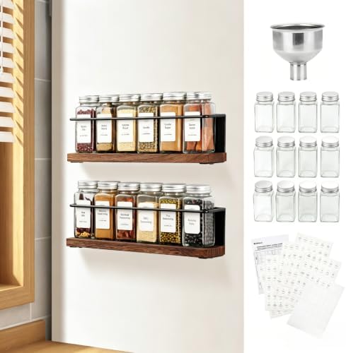 Magnetic Spice Rack Organizer with 12 Jars, 216 Labels, 1 Steel Funnel for Refrigerator，Microwave Oven - Full Set of Seasoning Organizer, Kitchen Gadgets
