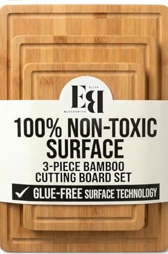 Bamboo Cutting Board Set of 3 (15"×10", 12"×8", 9"×6") – Crack Resistant Boards with Deep Juice Grooves, Handles & Care Guide – Butcher Block for Meat, Veggie & Charcuterie Board
