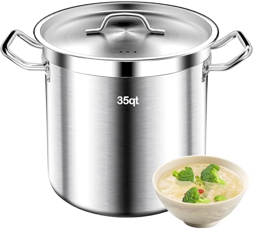 Large Stock Pot - 35QT Stainless Steel Stockpot with Lid, Heavy Duty Tri-Ply Bottom Commercial Grade Stock Pot - Big Pots for Cooking Soup Stew Canning Cooking Pots Even Heat Distribution