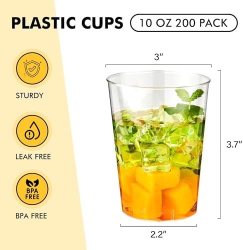 RACETOP 10 oz Clear Disposable Plastic Cups 200 Pack