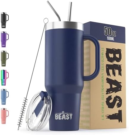 Beast 50 oz Tumbler with Handle Stainless Steel Vacuum Insulated Coffee Ice Cup Double Wall Travel Flask (Royal Blue)