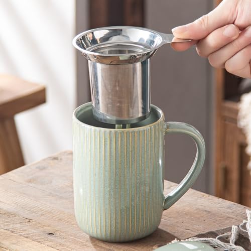 Yundu 15.5oz/470ml Flambe Green Ceramics Teacups with Infuser and Lid, Loose Leaf Tea Cup
