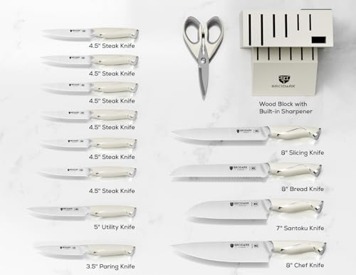 BRODARK 15Pcs Professional High Carbon Stainless Steel Knife Set With Block