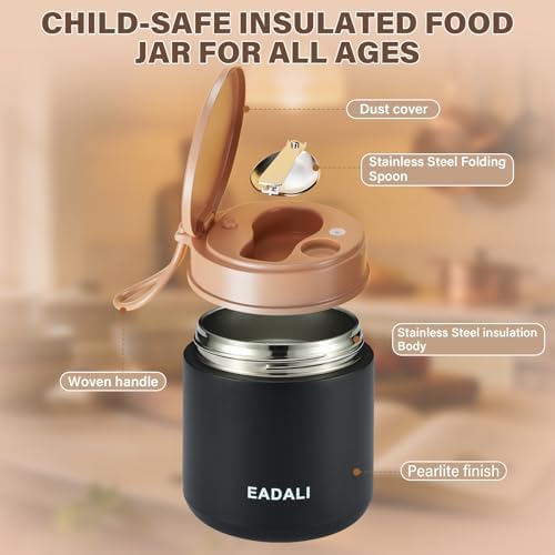 Eadali 15.2oz Kids Food Jar for Hot Food – Vacuum Insulated Lunch Container with 316 Stainless Steel Interior, Leakproof Wide Mouth & Foldable Spoon for School Meals